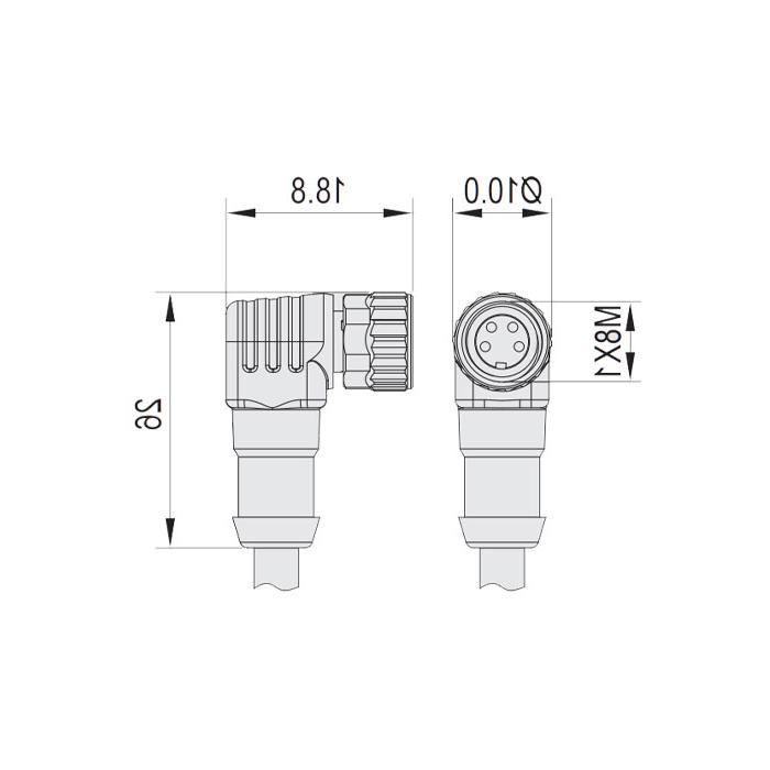 M8 4Pin、母头90°、单端预铸电缆、防焊渣PUR材质、橙色护套、63T061-XXX